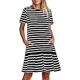 MITILLY Women's Casual Summer T Shirt Dress 2026 Striped Loose Short Sleeve Tunic Dress with Pockets