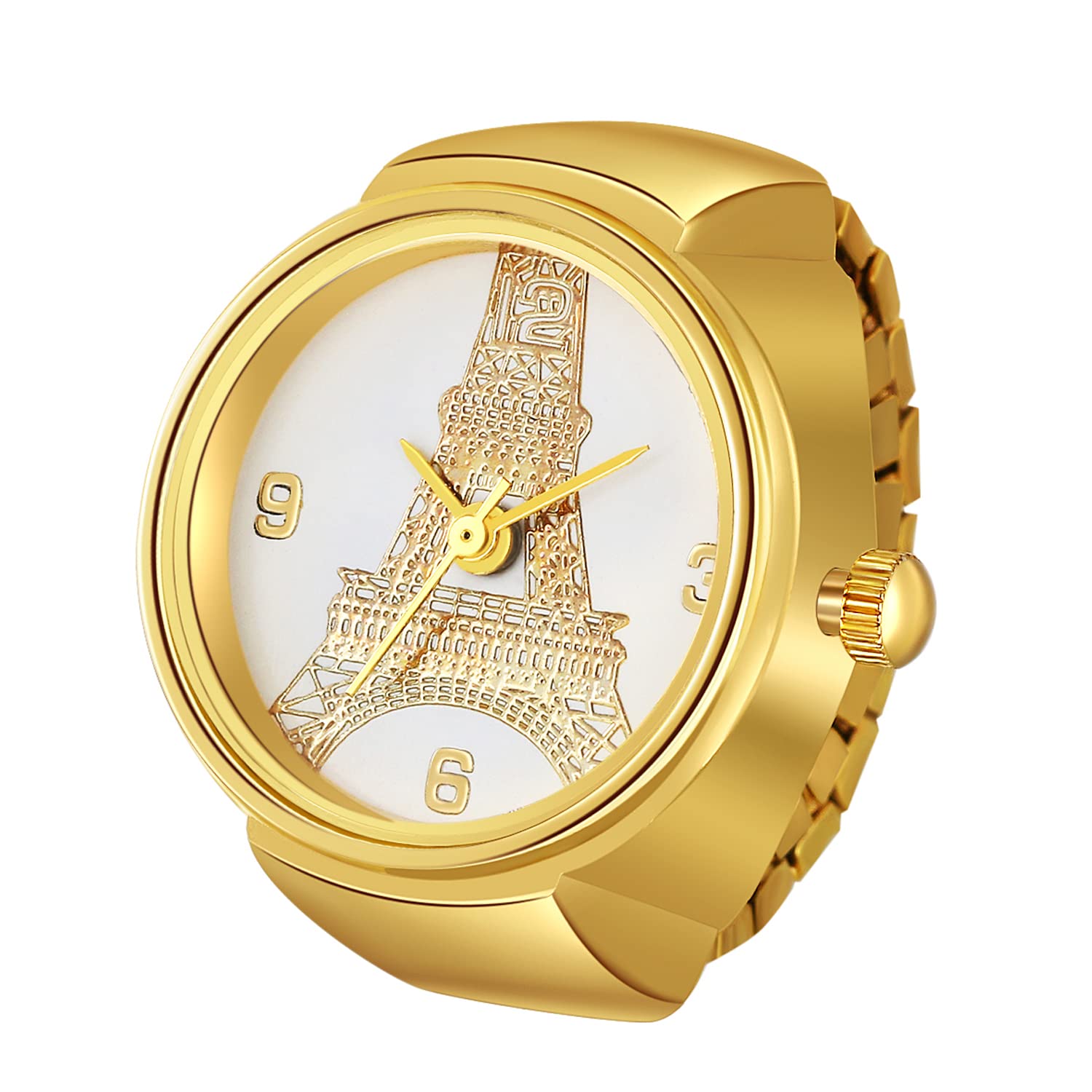 JewelryWe Men Women Finger Watches Gold Plated Elastic Watch Rings Smple Round Quartz Ring Watches