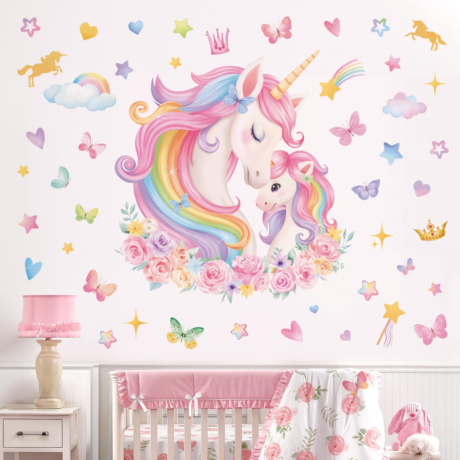 wondever Large Unicorn Wall Stickers Rainbow Baby Unicorn Butterfly Stars Peel and Stick Wall Art Decals for Baby Girls Nursery Kids Bedroom
