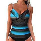 Hilor Women's Tankini Tops Shirred Ruffled Swimsuits V Neck Swimwear Top