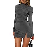 HYPERFIRE Women's Long Sleeve Mock Neck Ruched Bodycon Dress Cocktail Party Club Mini Dresses Going Out