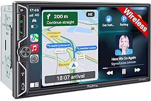 SJOYBRING [QLED Screen Upgrade] 7" Double Din Car Stereo with Wireless Apple CarPlay and Android Auto, 240W Powerful Sound, 4.2-Channel Audio Output, Bluetooth, MirrorLink, Backup Camera, AM/FM Car Radio