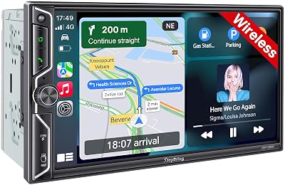 [QLED Screen Upgrade] 7" Double Din Car Stereo with Wireless Apple CarPlay and Android Auto, 240W Powerful Sound, 4.2-Channel Audio Output, Bluetooth, MirrorLink, Backup Camera, AM/FM Car Radio