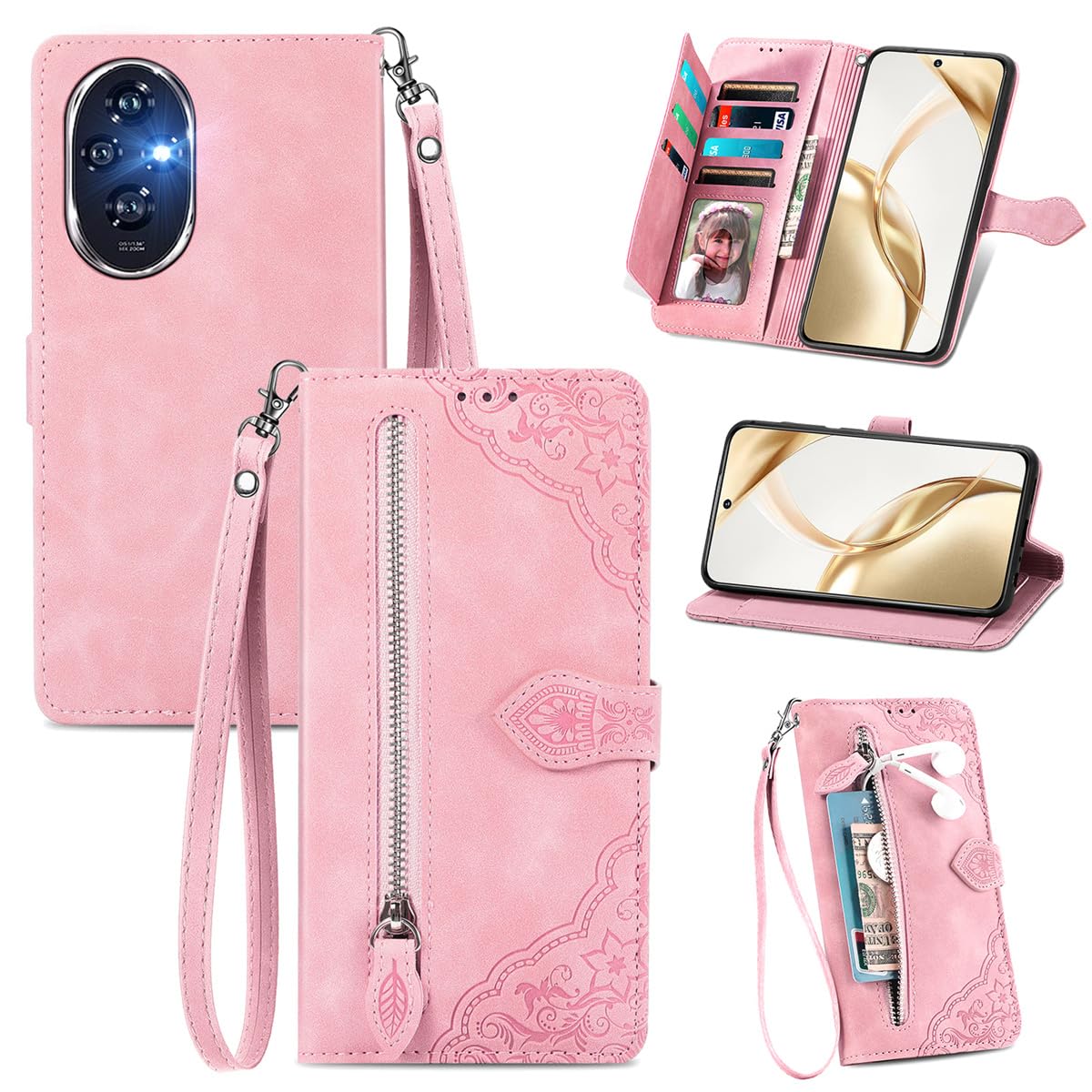 MOJIA Flip Case Compatible with Honor 200, PU Leather Zipper Wallet Case Flip Phone Cover with TPU Shell, Card Holder Multifunctional Case. Pink