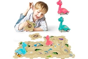 YOOYID Puzzle Racer Kids Car Track Set with 2 Dino Cars, Kids Toys Boys 3-5, Toys for 2 3 4 5 6 Year Old Boys, Toys for Ages 2-4 Boys, Car Tracks for Toddlers, Montessori Toys for 3+ Year Old