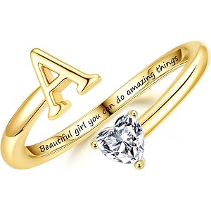 Turandoss Initial Rings for Teen Girls Kids Trendy Stuff | 14K Gold Plate Dainty Adjustable Letter A-Z Ring with Heart Zircon