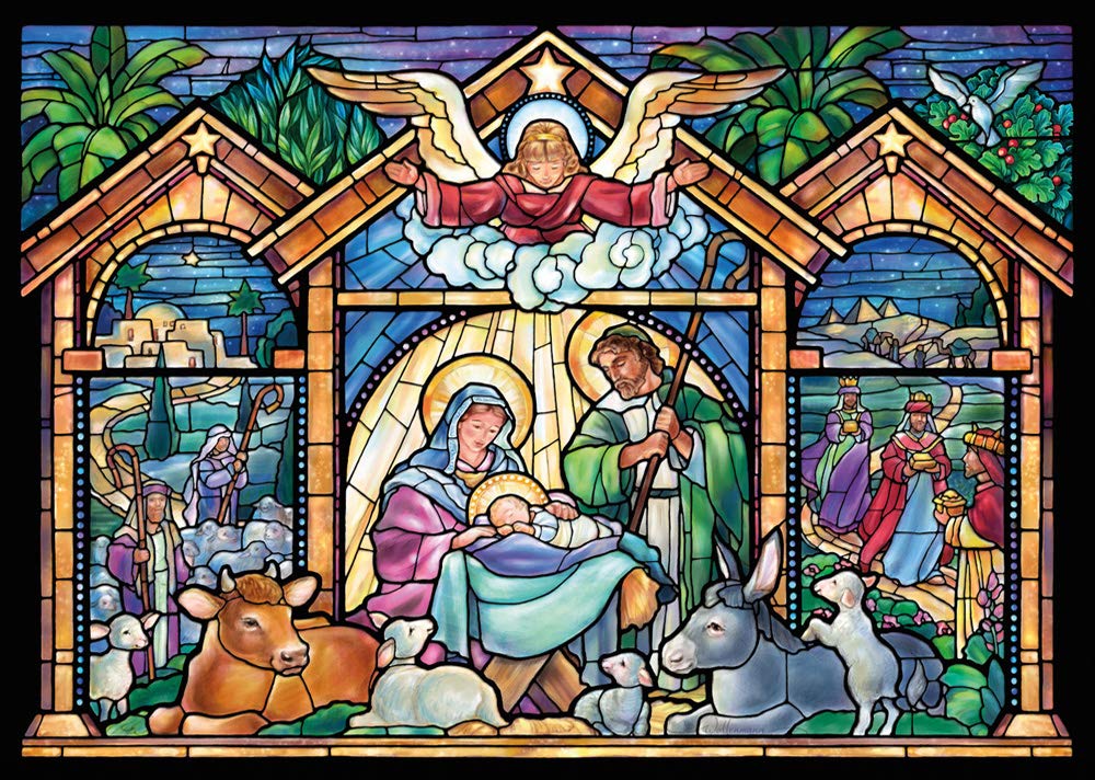 Stained Glass Nativity Religious Christmas Cards - Box of 15 Cards / 16 Envelopes