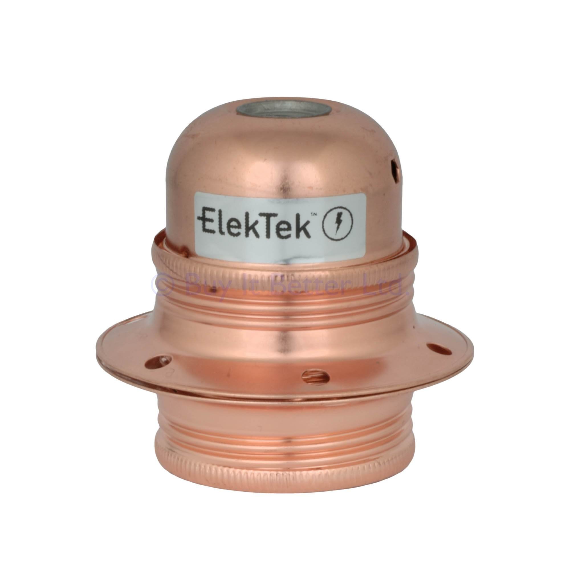 ElekTek E27 Lamp Bulb Holder 10mm Entry Edison Screw Earthed With Shade Rings & Cord Grip Copper