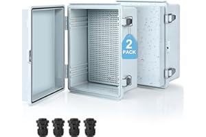 GroTheory 2 Pack Waterproof Junction Box, IP67 ABS Plastic Project Enclosure, Outdoor Electrical Box with Hinged Cover, Wall Brackets, Mounting Panel, Cable Connector (11.4"×7.5"×5.5")