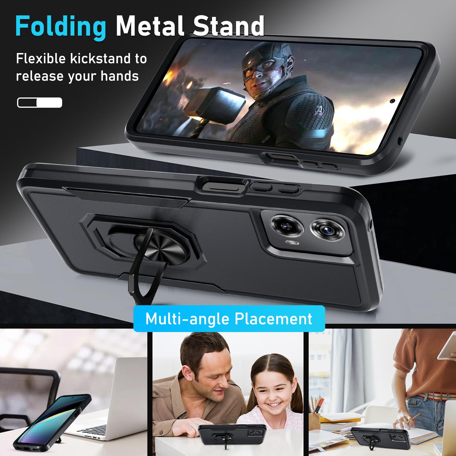 Janmitta Compatible with Moto G 5G 2024 Case with Screen Protector,Heavy Duty Shockproof Full Body Protective Cover Built in Rotatable Metal Ring Holder Kickstand,Black Matte