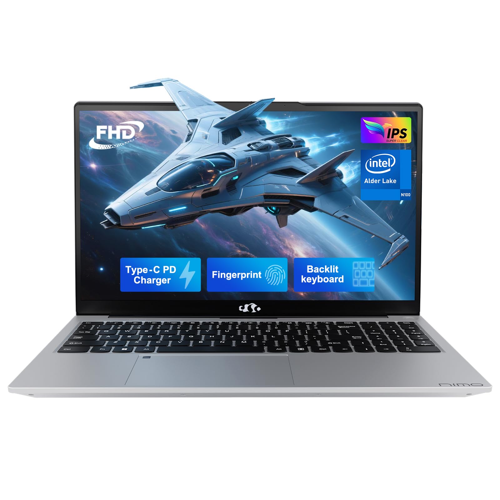 NIMO 15.6" IPS FHD-Laptop-Computer, Intel Pentium Quad Core N100 8GB RAM 128GB SSD (Beat i3-1115G4, Up to 3.4GHz) Backlit Keyboard Fingerprint Type-C WiFi 6 BT5.2, for Student and Home Image