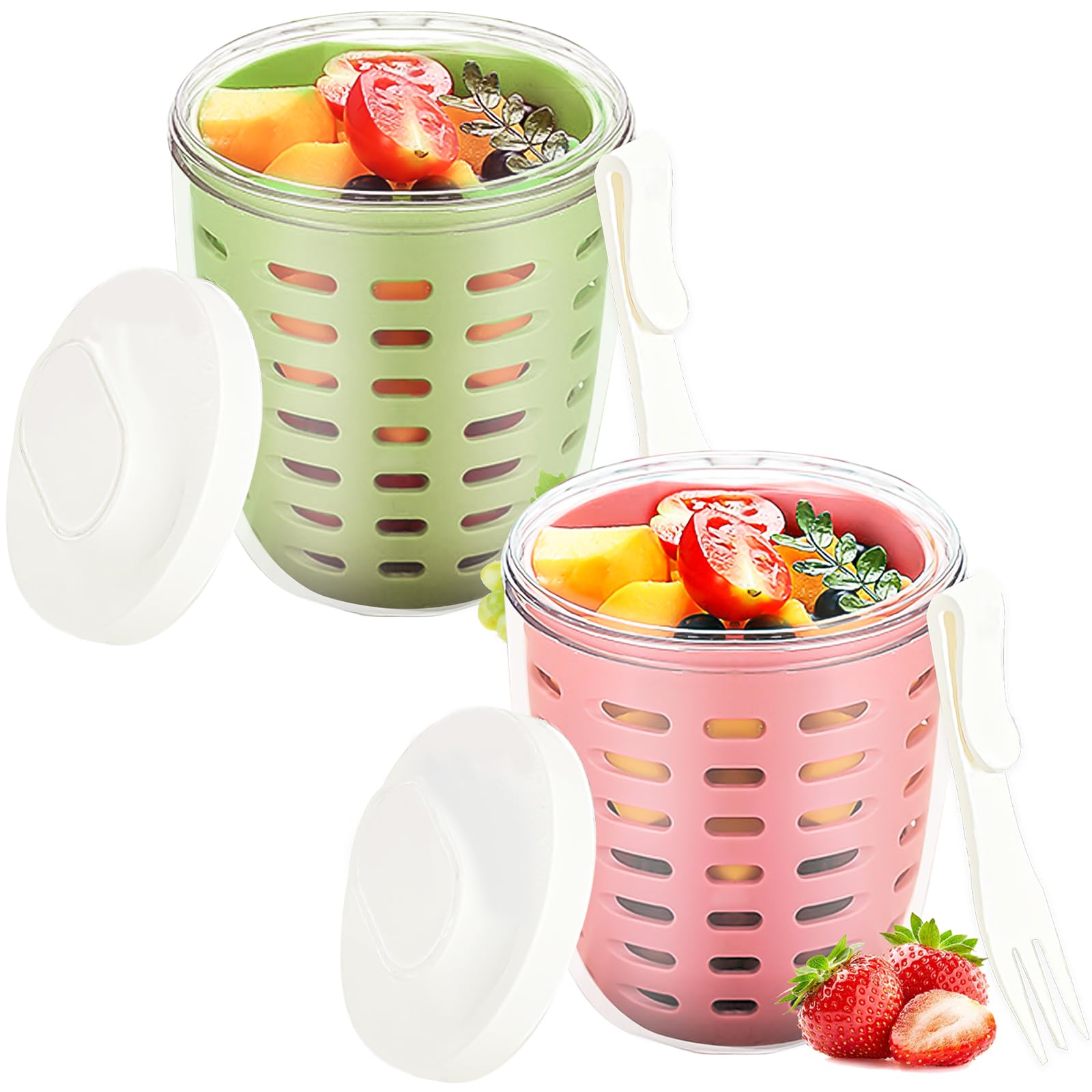 Photo 1 of 20oz Fruit Salad Storage Cup with Lids and Fork, Reusable Plastic Fruit Storage Containers for fridge with Drain Baskets, BPA-Free & Leak-Proof, Keep Fruits, Vegetables Fresh Longer (Pink+Green)