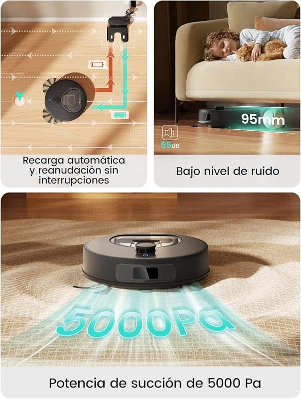 M330 Plus Robot Aspirador y Fregasuelos 3 en 1, 150 min, 5000 Pa, Navegación dToF, Depósito 450 ml, Zonas Virtuales, Robot Aspirador para Alfombras, Alexa/App/WiFi, Gris — foto 2 de 8