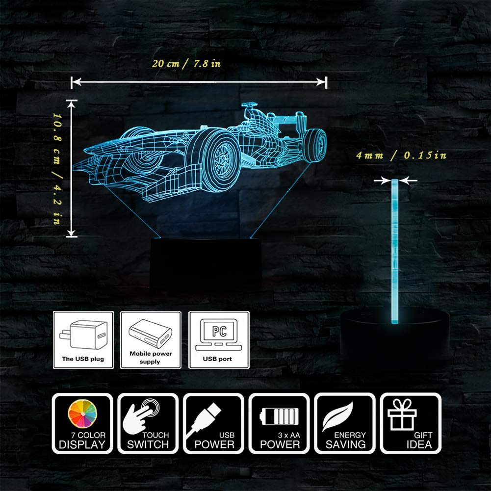 Car Visual 3D Night Lights for Kids Bedroom Desk Table Decoration,7 Colors Changing LED Illusion Lamp，Creative Festival Birthday Children Gift