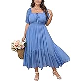 SHESTARR Women's Plus Size Dress Short Sleeve Square Neck Tie Front Ruffle Hem Boho Maxi Milkmaid Dress