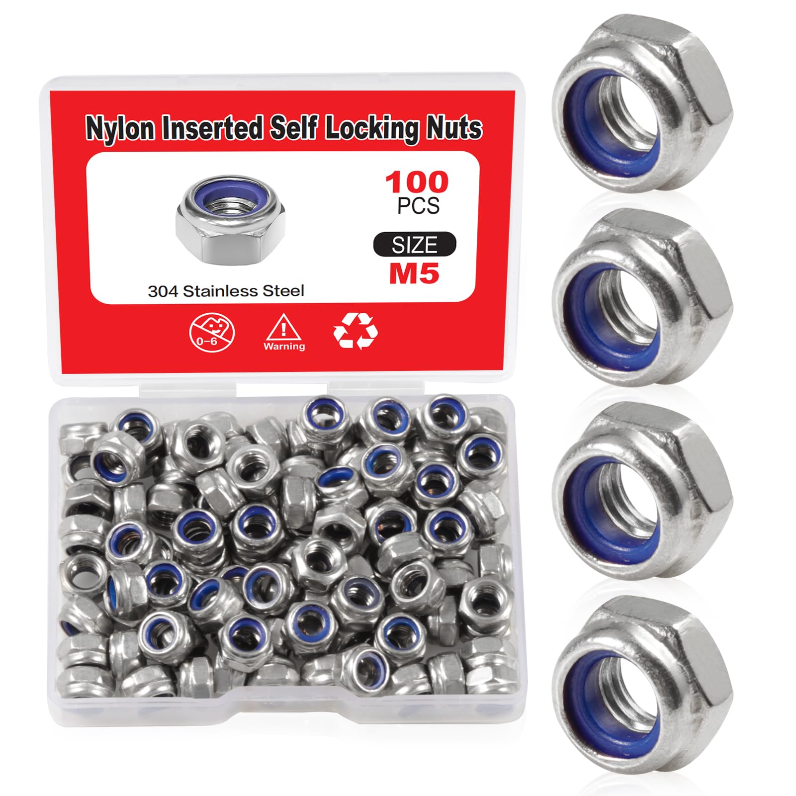 SPEEDWOX 100 PCS M5 x 0.8mm Nylon Insert Nuts Locknuts, Self-locking Nut 304 Stainless Steel, Hexagon Lock Nut with Storage Box for Lock Washers