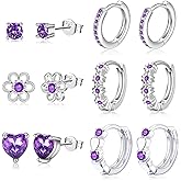 6 Pairs Huggie Hoop Earrings 925 Sterling Silver Stud Sets Cute Heart Hoops Tiny Cubic Zirconia Flower Stud Small Hypoallergenic Cartilage Sleeper Earrings