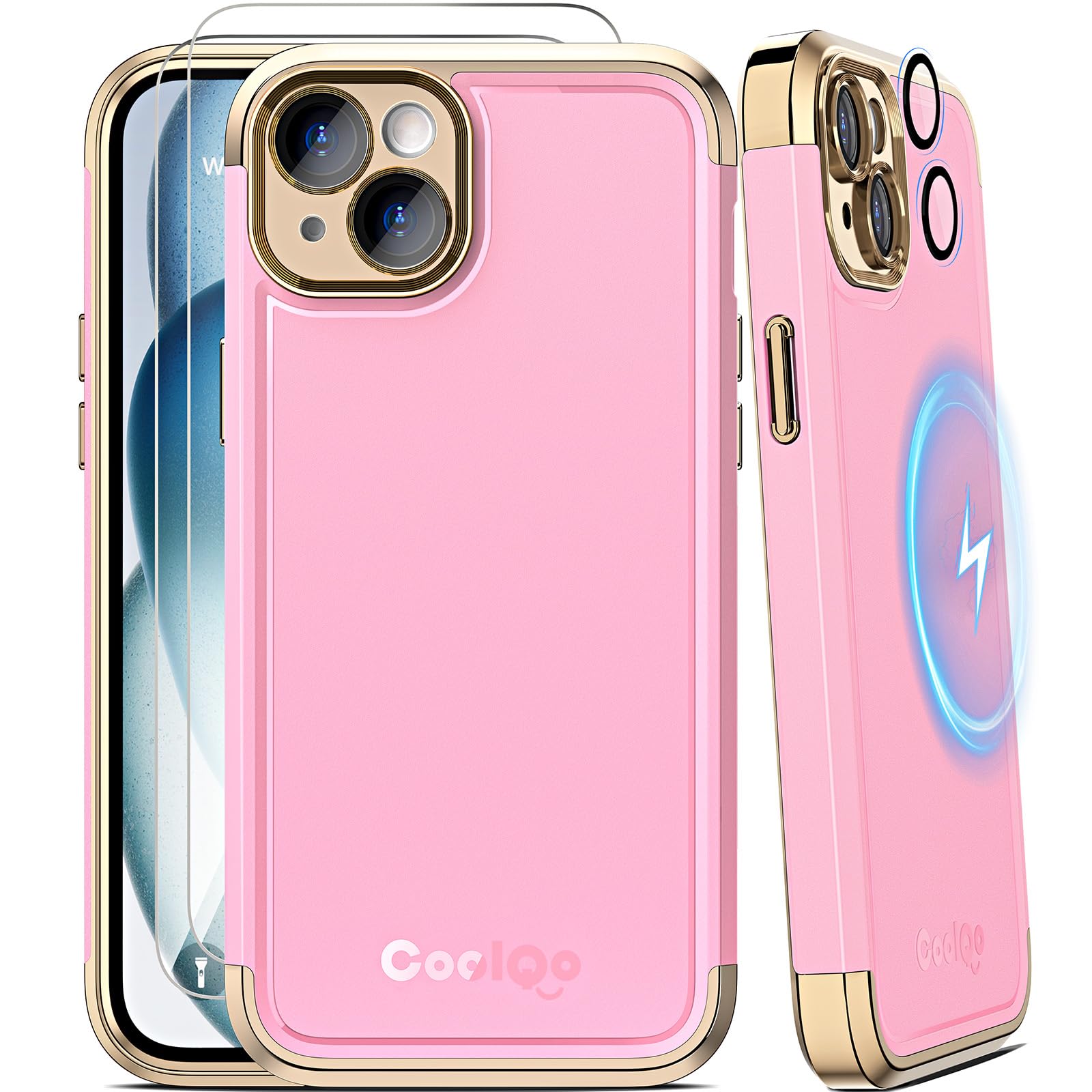 Photo 1 of COOLQO Magnetic for iPhone 15 Plus Case 2X[Tempered Glass Screen Protector+Camera Lens Protectors] Shockproof Protective Phone Case for iPhone 15 Plus, Orange Gold
