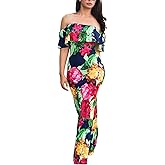 Suimiki Vintage Ruffle Plain Floral Printed Off Shoulder Bodycon Long Party Maxi Dress Rose Small