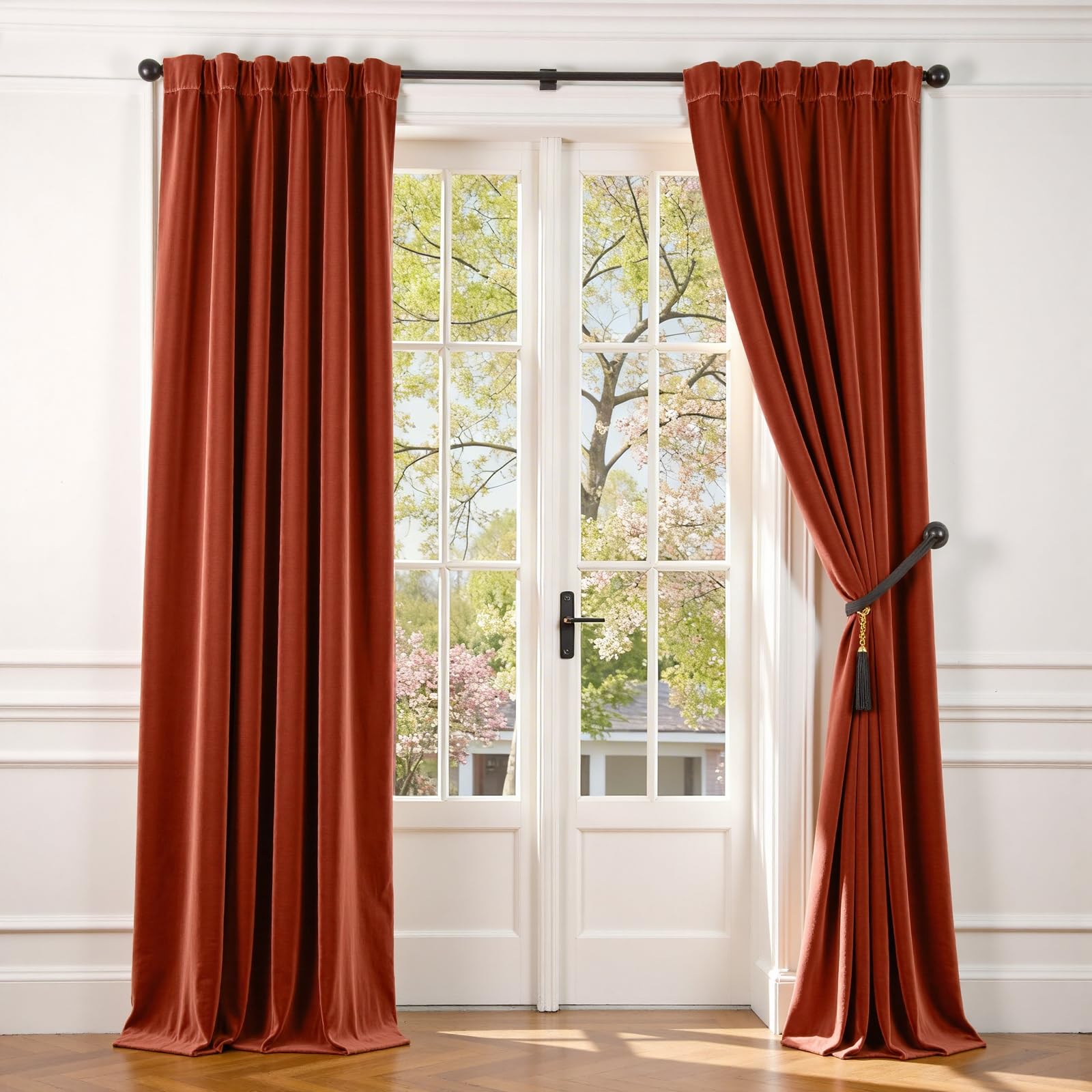 Lazzzy Velvet Blackout Curtains Thermal Insulated Room Window Drapes Super Soft Luxury Curtains for Living Room Bedroom Rod Pocket 2 Panels, Rust Red, 52" W x 102" L Image