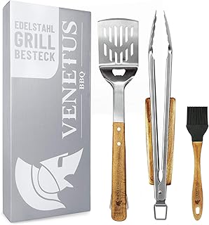 VENETUS-BBQ Grillbesteck extra lang aus edlem Akazienholz | Premium Grillzubehör 3 teilig: Grillzange, Grillwender und Grillpinsel | Ideales Grill-Geschenk für Männer