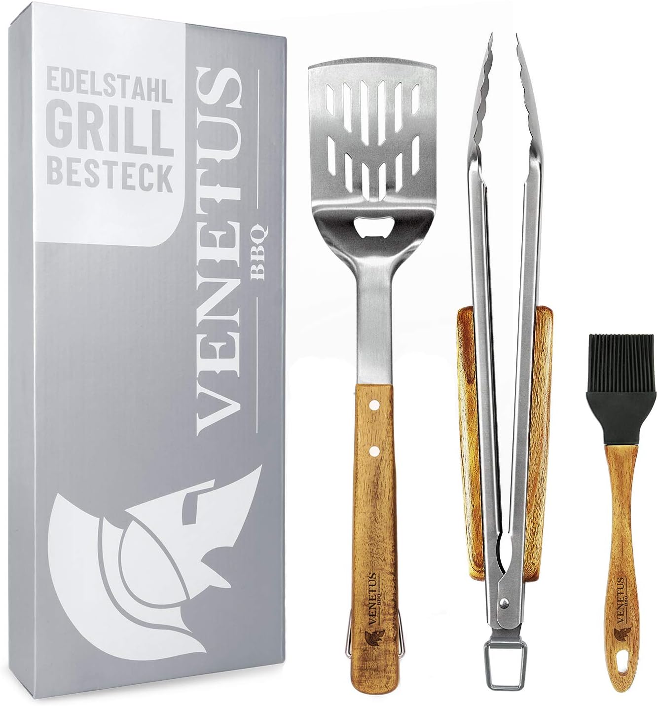 VENETUS-BBQ Grillbesteck extra lang aus edlem Akazienholz | Premium Grillzubehör 3 teilig: Grillzange, Grillwender und Grillpinsel | Ideales Grill-Geschenk für Männer