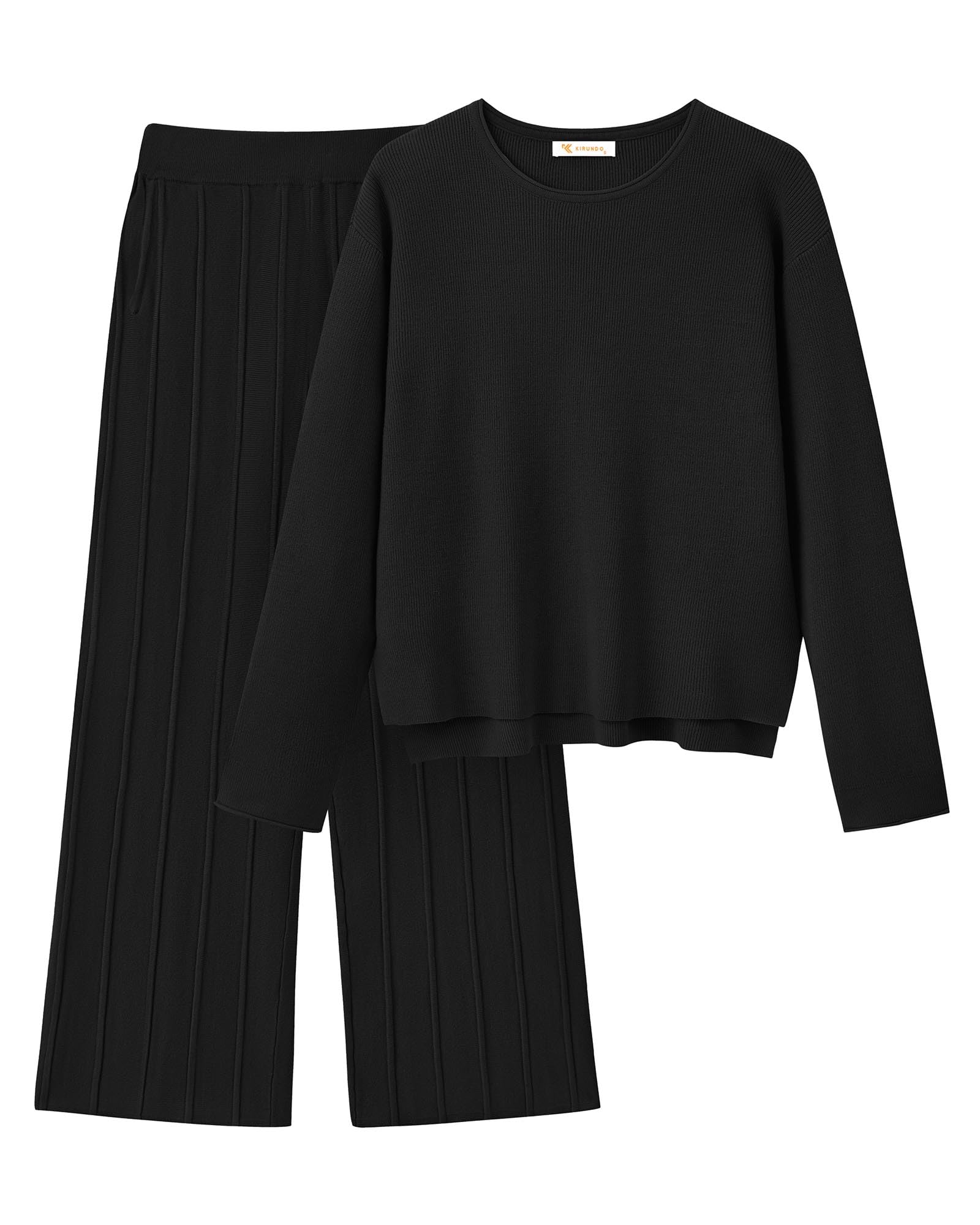 Photo 1 of KIRUNDO Women's Fall 2 Piece Sweater Set Long Sleeve Knit Pullover Tops High Waist Pleated Wide Leg Pants Lounge Sets(Black, Medium)