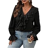 SweatyRocks Women's Plus Size Long Sleeve V Neck Button Down Ruffle Shirt Top Blouses