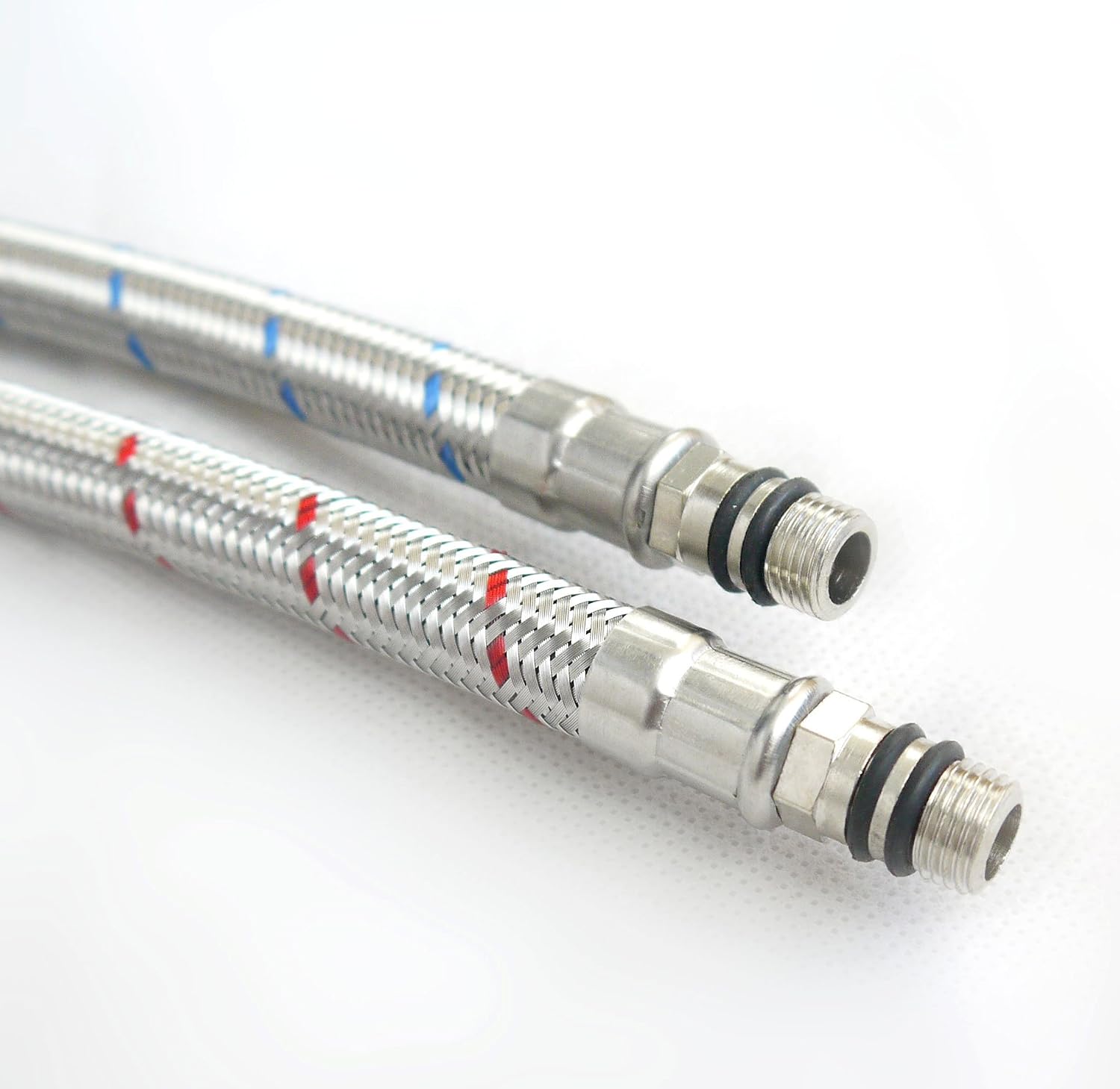Pack of 2 Monobloc Flexible Braided Tap Connector Tails Hoses M10 x 500mm 1/2" BSP Fitting, Sillver,red,blue - Image 4