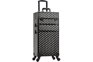 AROUS 3 in 1 Rolling Makeup Train Case Professional Cosmetic Trolley Large Storage with Keys Swivel Wheels Salon Barber Case Traveling Cart Trunk for Make Up Hairstylists Nail Tech, Vintage Black