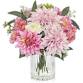 Briful Artificial Flower Arrangement with Glass Vase, 12.5" Faux Dahlia Silk Flowers Centerpiece Table Decorations Pink Mixed Floral Bouquet for Home Office Dining Room Coffee Table Wedding Decor