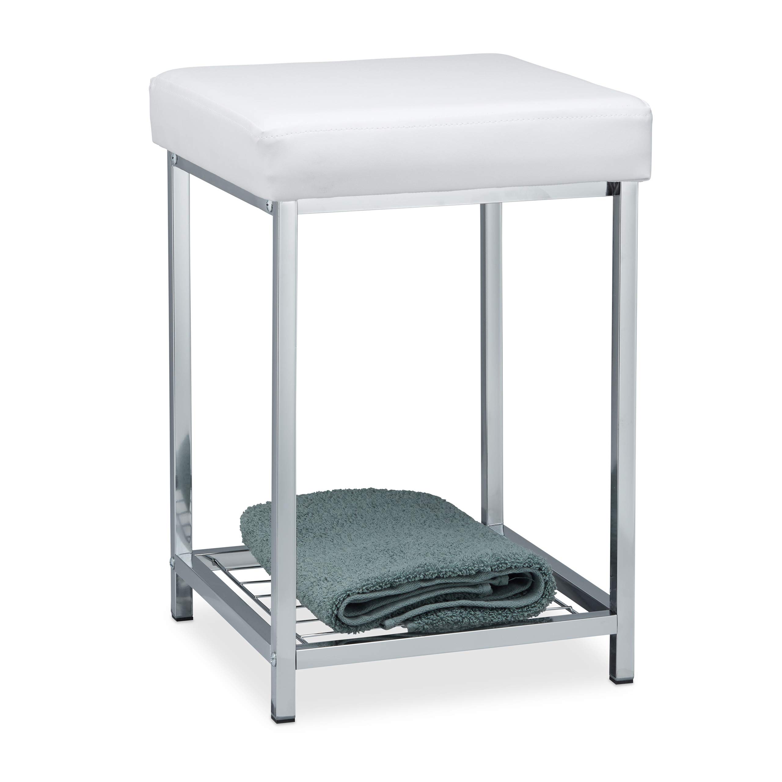 Relaxdays Upholstered Stool, Small, Square, Storage Shelf, Bath Stool, HWD 47x33x33 cm, White