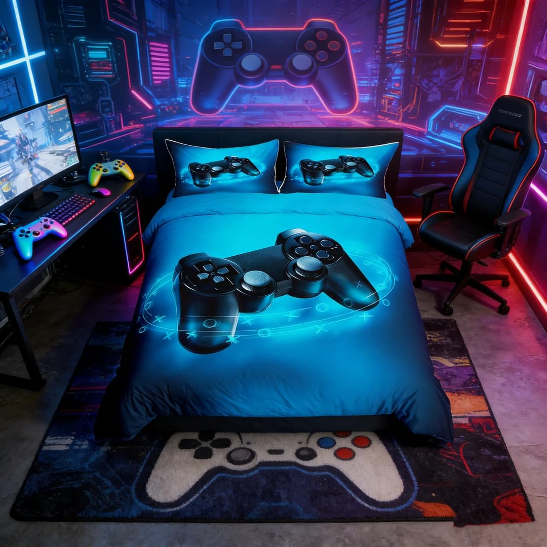 Loussiesd Gamer Bedding Set Super King Gaming Comforter for Boys Kids Duvet Cover Set Modern Gamer Console Action Buttons Bedspread Fashion Child Bedroom Decor 3 Pcs Bed Collection