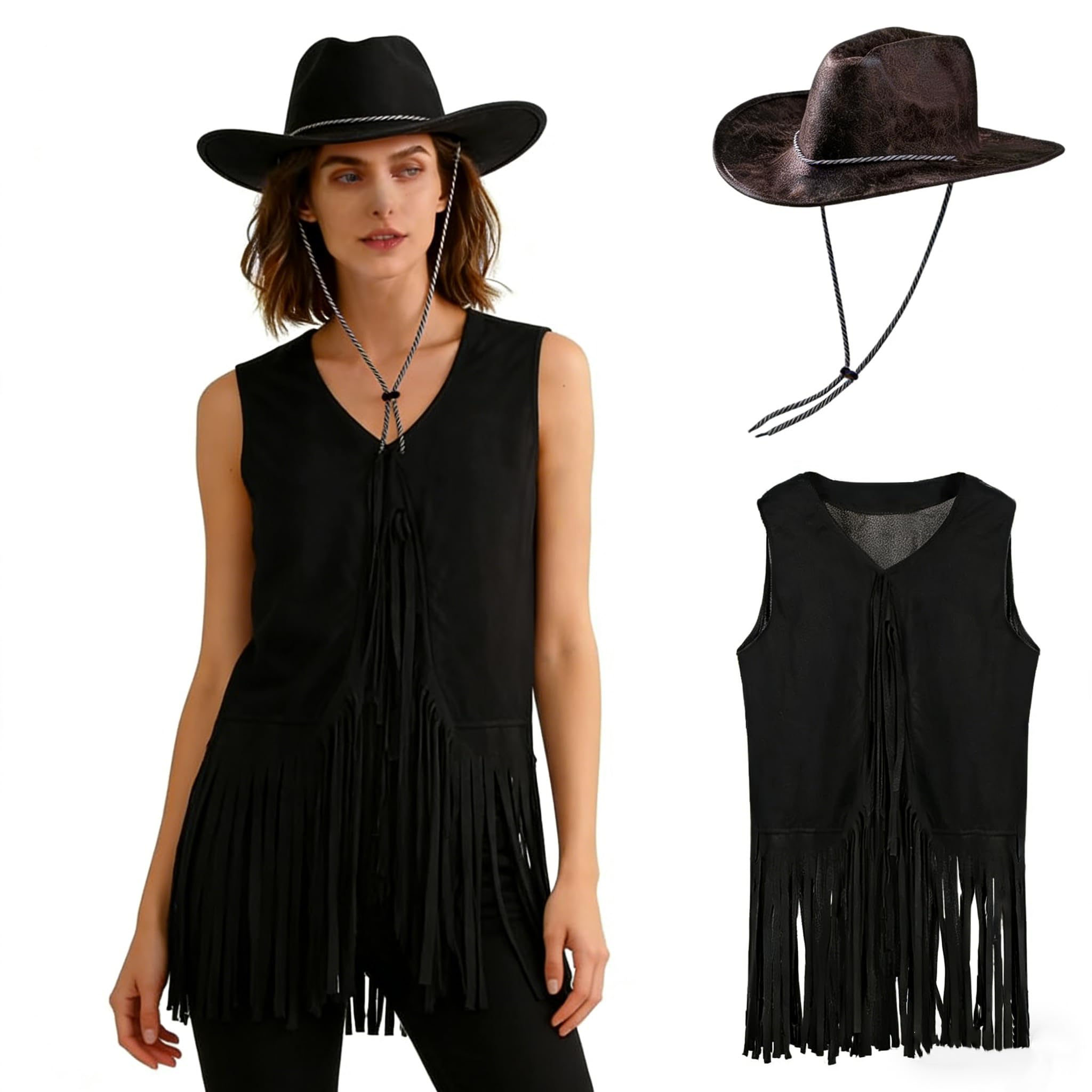 Western Cowgirl Costume for Women Men Vintage Leather Cowboy Hat Faux Suede Sleeveless Fringe Jackets Vest 70s Hippie Costume for Hippie Disco Party Halloween Party Cosplay