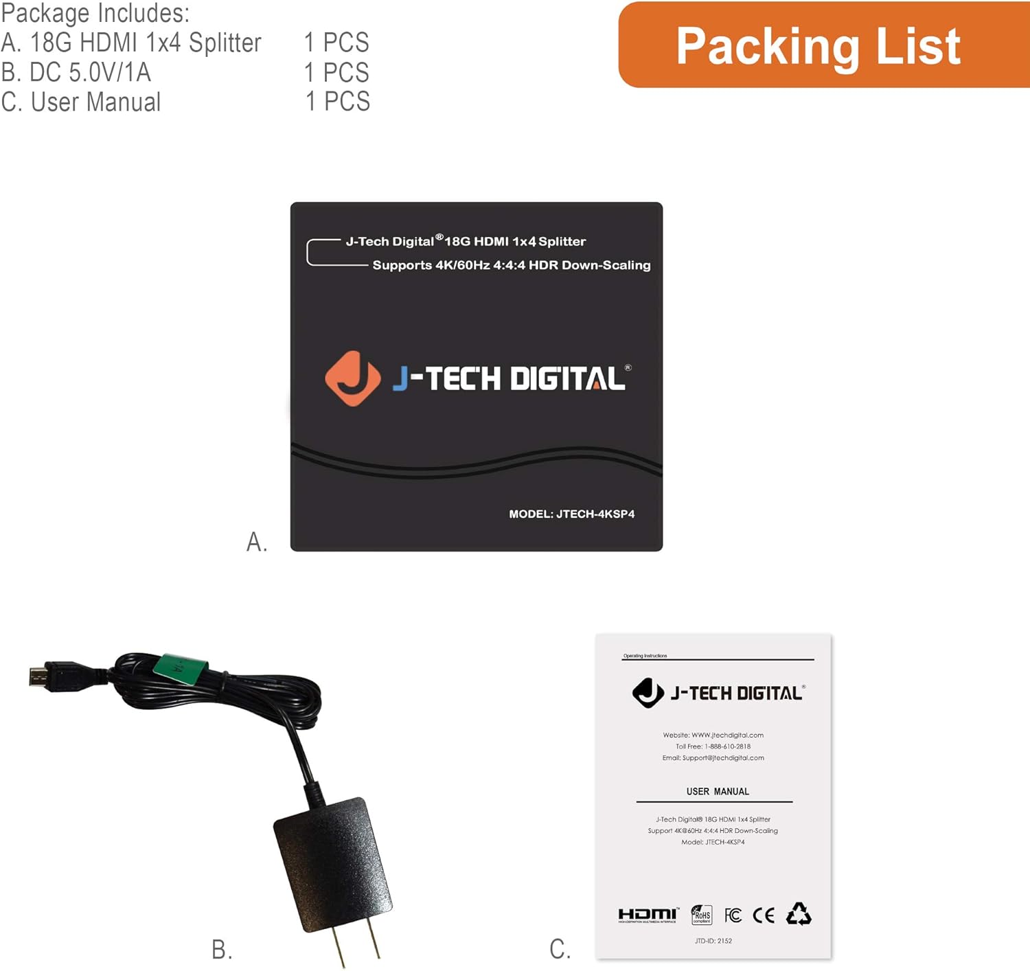 HDMI Splitter 4K 60Hz 1X4 Multi-Resolution Output (MRO) by J-Tech Digital HDMI 2.0 Splitter Supports downscale HDR HDR10 / Dolby Vision 4K@60Hz 4:4:4 HDCP2.3 2.2 (JTECH-4KSP4): Home Audio & Theater