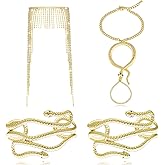 Sureio 4 Pieces Halloween Cleopatra Costume Women Egyptian Headpiece Accessories Egyptian Tassel Rhinestone Headpiece Snake Arm Cuff Gold Finger Ring and Hand Chain Bracelet