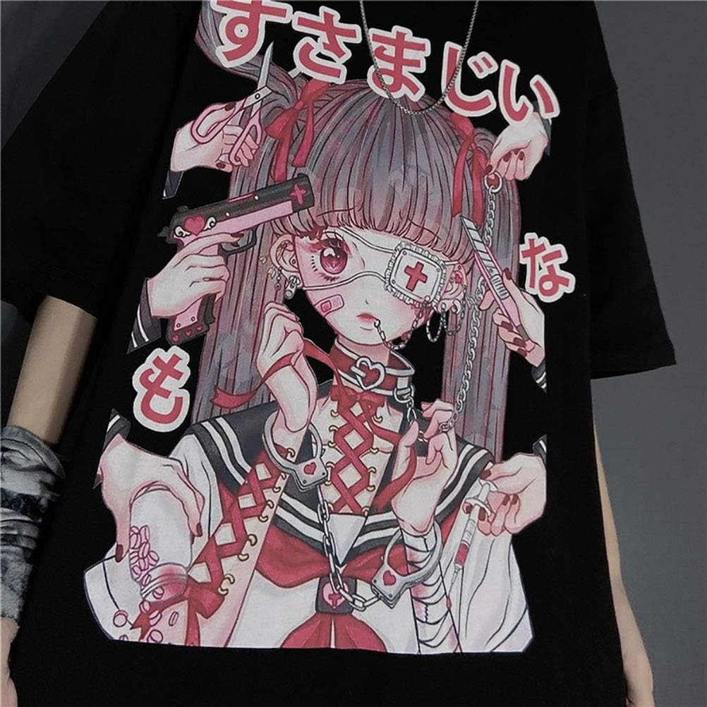 Amazon レディース ｔシャツ 半袖 原宿系 すさまじい 少女 プリント かわいい アニメ 図案 カジュアル ゆったり トップス 大きいサイズ Tシャツ カットソー 通販