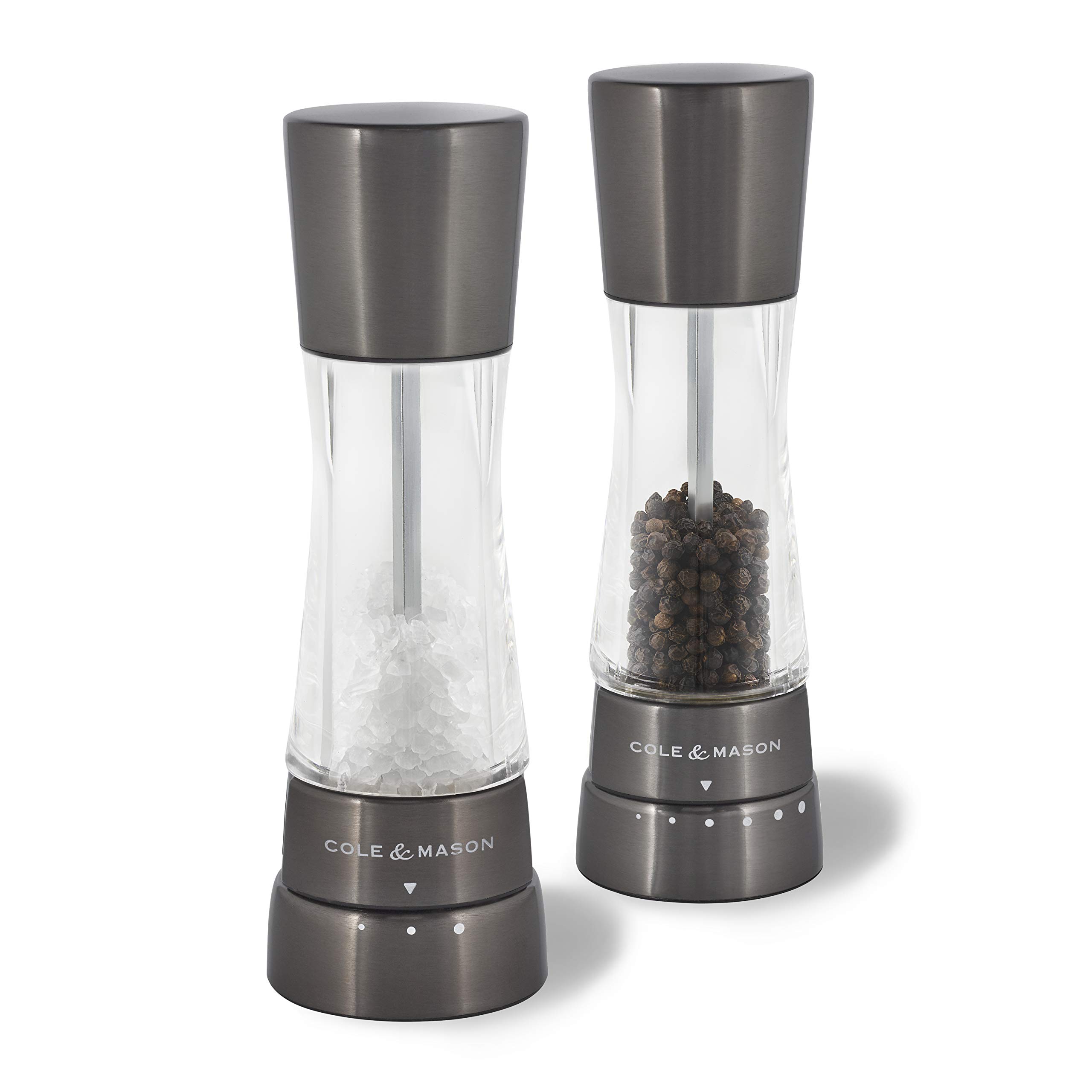 Cole & Mason Derwent Gunmetal Salt and Pepper Mills, Adjustable Grind Settings, Gourmet Precision+, Stainless Steel/Acrylic, 190 mm, Gift Set, Includes 2 x Salt and Pepper Grinders
