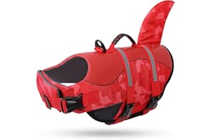 Queenmore Shark Dog Life Jacket, LifeVests for Boating, High Buoyant Dog Life Vest for Swimming, Adjustable Easy On Pet Jackets for Small, Medium, Large Dogs (Red Triangle,S)
