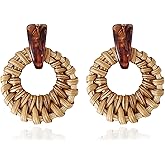 Leshanxing Bohemian Handmade Raffia Rattan Round Drop Dangle Earrings for Women, Lightweight Summer Beach Boho Woven Circle Statement, Cute Fun Versatile Earrings
