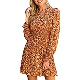 CUPSHE Women's Floral Fall Mini Dress Boho V Neck Ruffle Sleeves Smocked Waist A Line Dresses