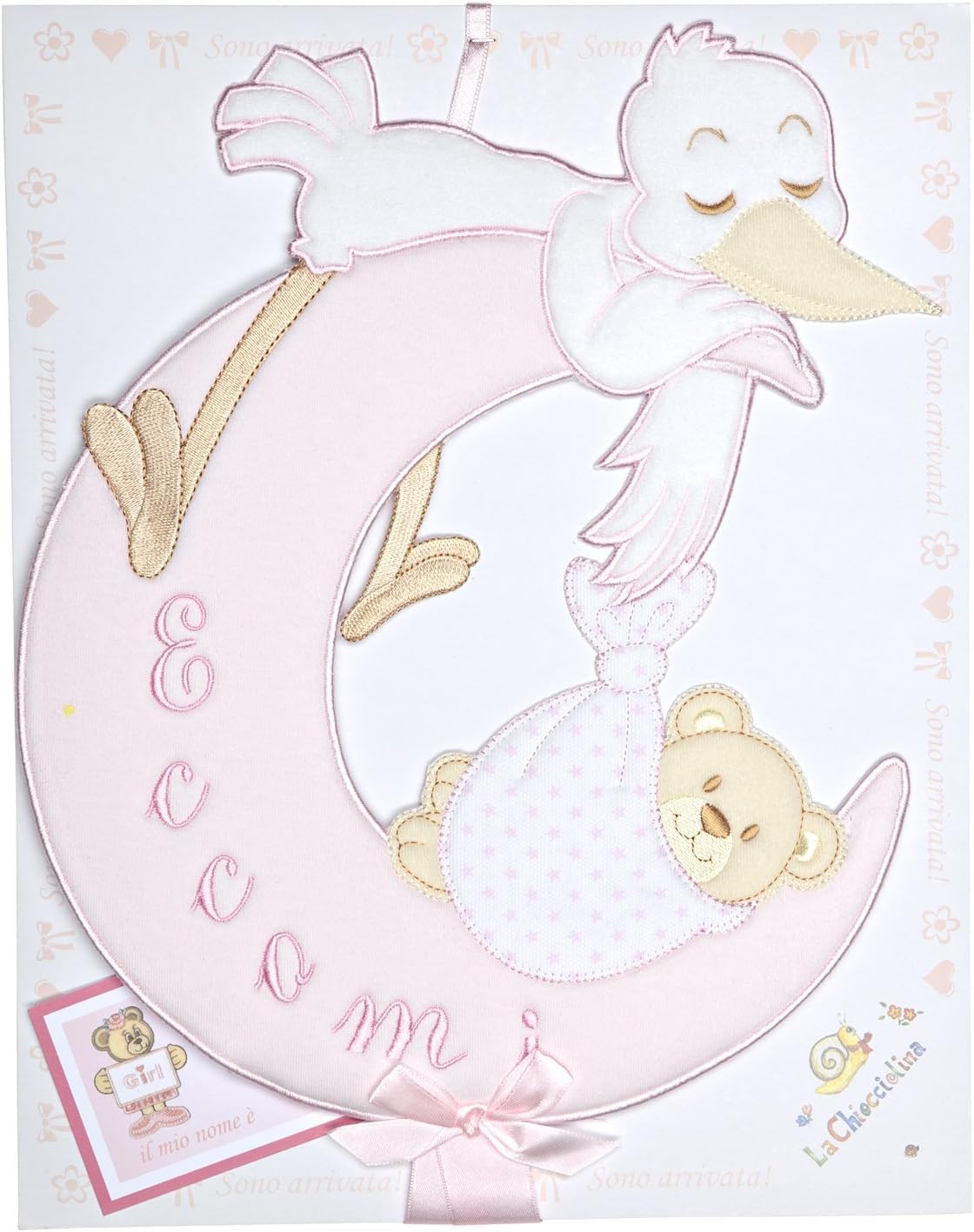 birth ribbon, moon with stork pink