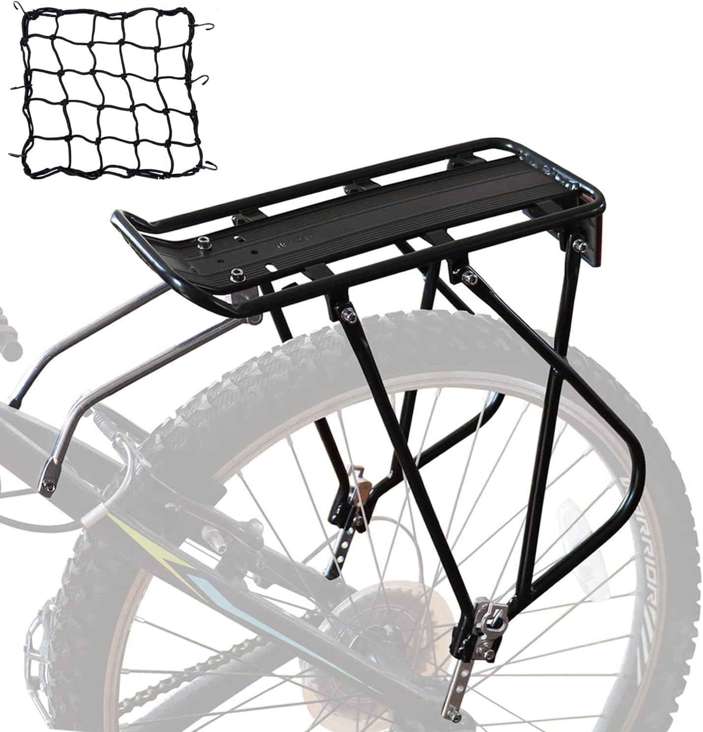 Bike Cargo Rack Bungee Cargo Net & Reflective Logo Universal Adjustable Bicycle Rear Luggage Touring Carrier Racks 25kg Capacity Mountain Road Bike for 26"-29" Frames