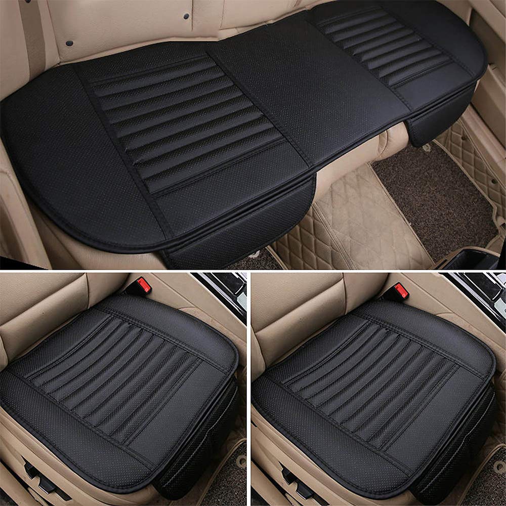 D-Lumina Breathable Black Leather Car Seat Covers Front and Rear Cushion Seats Bottom Pad Mat Protector Fit 99% Auto (Sedan SUV Trucks), Bamboo Charcoal Filled, Universal for 4 Seasons, 3-Pack