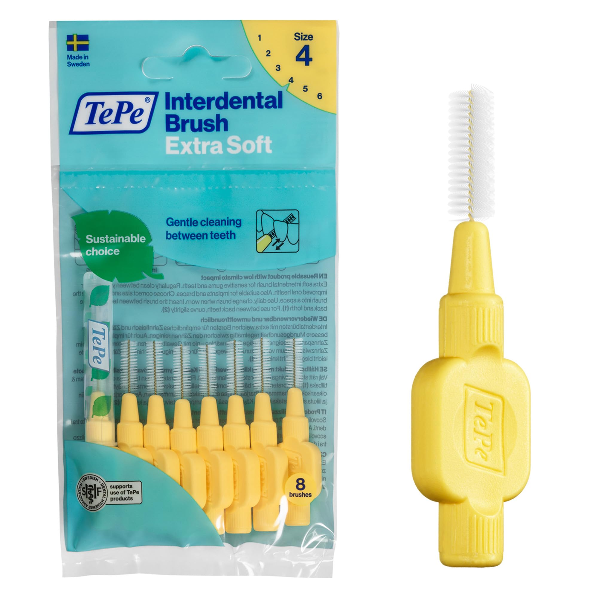 TePe Interdental Brush, Extra Soft, Yellow, 0.7mm/ISO 4, 8pcs, efficient Cleaning Between Teeth, Plaque Remover, Dental flosser for Small Gaps