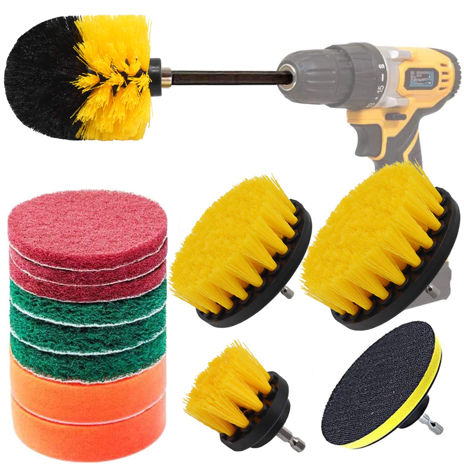 14 Pcs Drill Brush Attachment Set, Power Drill Brushes Cleaning Polishing Scrubber Pads Kit for Kitchen, Car, Bathroom, Sinks, Floor, Wheels, Ceramic, Carpet (with 6" Extender Rod)