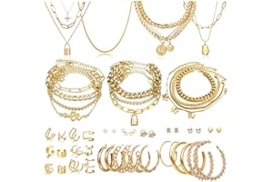 CONGYING 60 PCS Gold Jewelry Set with Multi-Layered Bracelet Necklace, Dangle Earrings, Stackable Ring For Women Valentine Anniversary Jewelry Pack Gifts For Her