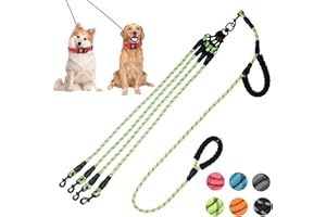 Y-ANNJYA Dual Dog Leash,Two Way Dog Leash, Small Dogs, and Medium Dogs,Exceptional 360° Anti-Tangle & No Pull Double Leash - Double Handle & Reflective Double Dog Leash for Safety & Convenience (Green, 4 Way)