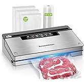 Bonsenkitchen Vacuum Sealer Machine, Stainless Steel Food Sealer Vacuum Sealers with 100 Bags & 1 Roll Bag, 5 Food Vacuum Modes, Built-in Cutter & Bag Storage, Silver-Black