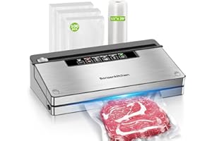 Bonsenkitchen Vacuum Sealer Machine, Stainless Steel Food Sealer Vacuum Sealers with 100 Bags & 1 Roll Bag, 5 Food Vacuum Modes, Built-in Cutter & Bag Storage, Silver-Black